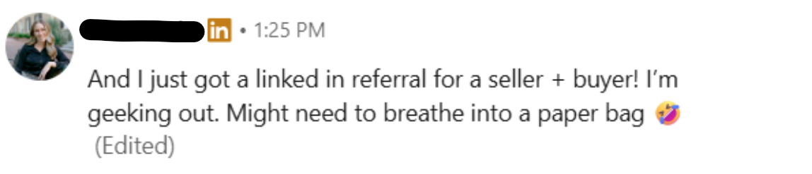 Britta's message about booking her first real estate listing from LinkedIn